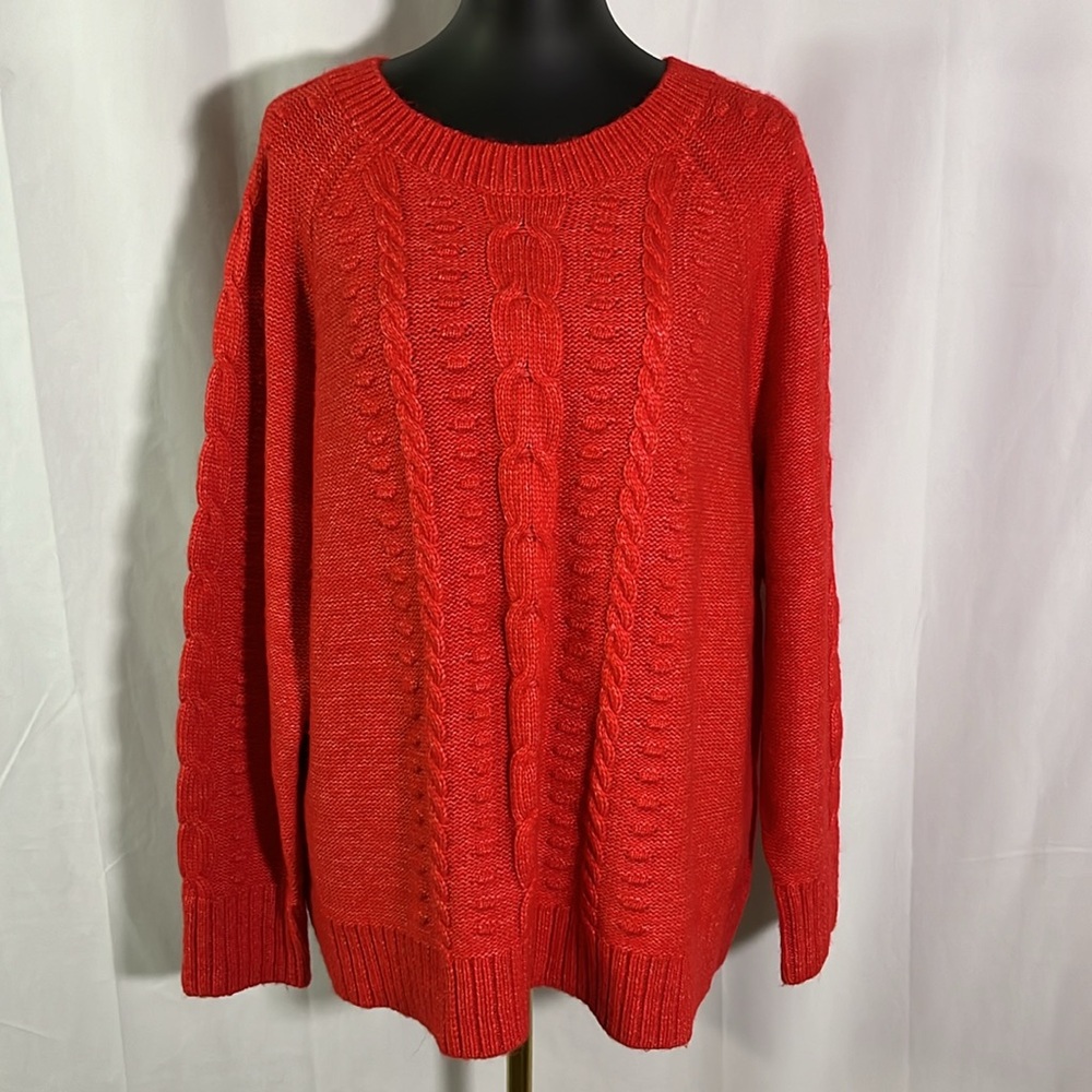 NWT LOFT Chunky Marbled Red Fuzzy Cable Knit Crew Neck Sweater
